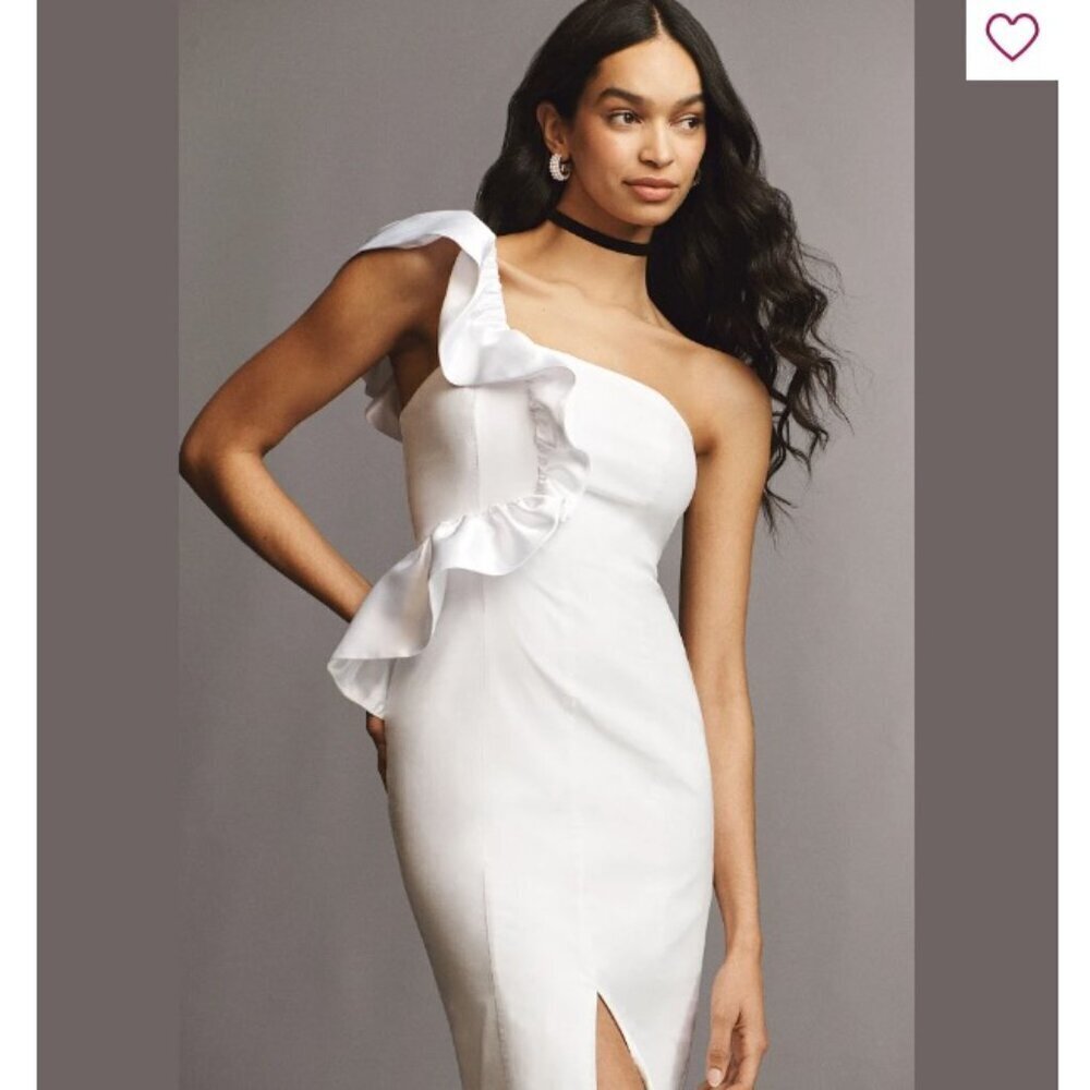 ANTHROPOLOGIE BHLDN Wren White One-Shoulder Ruffled Midi Stretch Dress Elastic S - Picture 4 of 12